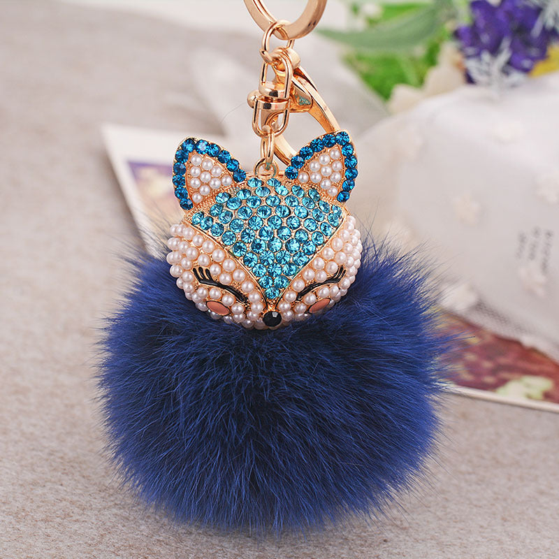 Wholesale Diamond Fox Head Rabbit Hair Hairball Zinc Alloy Keychains